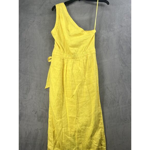 Anthropologie One-Shoulder Linen Dress Size 10 Yellow Wrap Dress - Picture 7 of 11